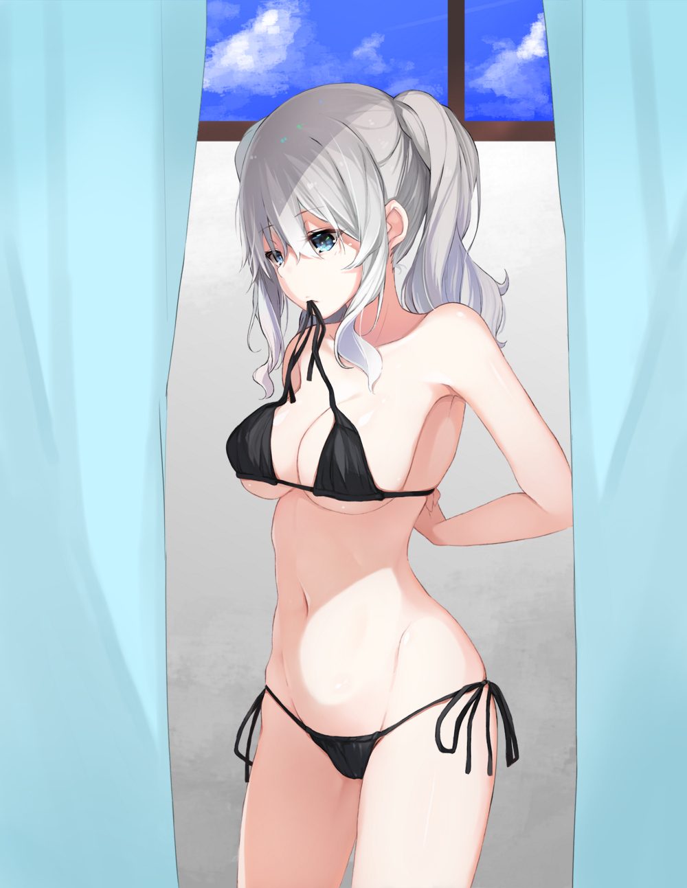 1girl alternate_costume bikini black_bikini blue_eyes blue_sky breasts commentary_request curtains dressing eyebrows_visible_through_hair grey_hair hair_between_eyes highres inushi kantai_collection kashima_(kantai_collection) large_breasts long_hair mouth_hold sidelocks sky solo swimsuit twintails window