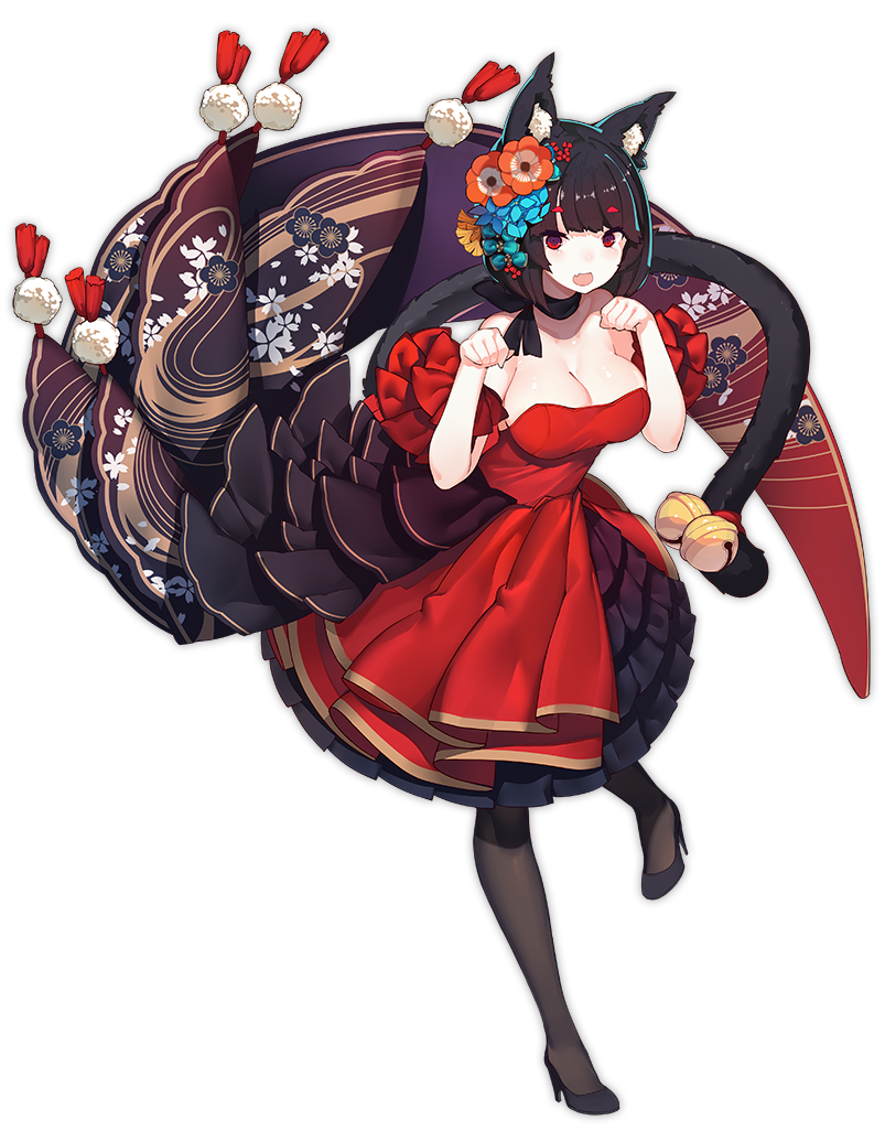 1girl animal_ears azur_lane bell black_hair black_legwear blush breasts cat_ears cat_tail closed_mouth dress eyebrows_visible_through_hair flower full_body hair_flower hair_ornament high_heels large_breasts looking_at_viewer official_art open_mouth pantyhose rain_lan red_dress red_eyes short_hair smile solo tail tail_bell transparent_background yamashiro_(azur_lane)