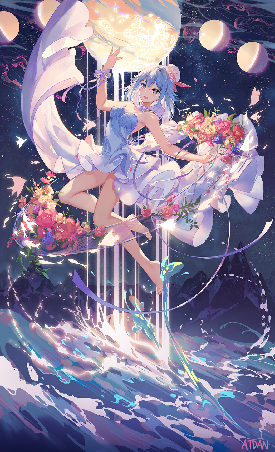 1girl :d arm_up armpits artist_name atdan bangs bare_legs bare_shoulders barefoot blue_dress blue_eyes blue_flower blue_hair bouquet bow breasts choker cleavage commentary dress english_commentary eyebrows_visible_through_hair fantasy fish floating flower full_body full_moon hair_between_eyes haiyi hat hat_feather highres jellyfish layered_dress looking_at_viewer magic medium_breasts medium_hair mini_hat moon mountain night night_sky open_mouth petals purple_bow purple_choker purple_ribbon red_flower revision ribbon ribbon_choker rose shiny shiny_hair sky smile smiley_face solo splashing strapless strapless_dress vocaloid water white_hat wrist_bow yellow_flower yellow_rose