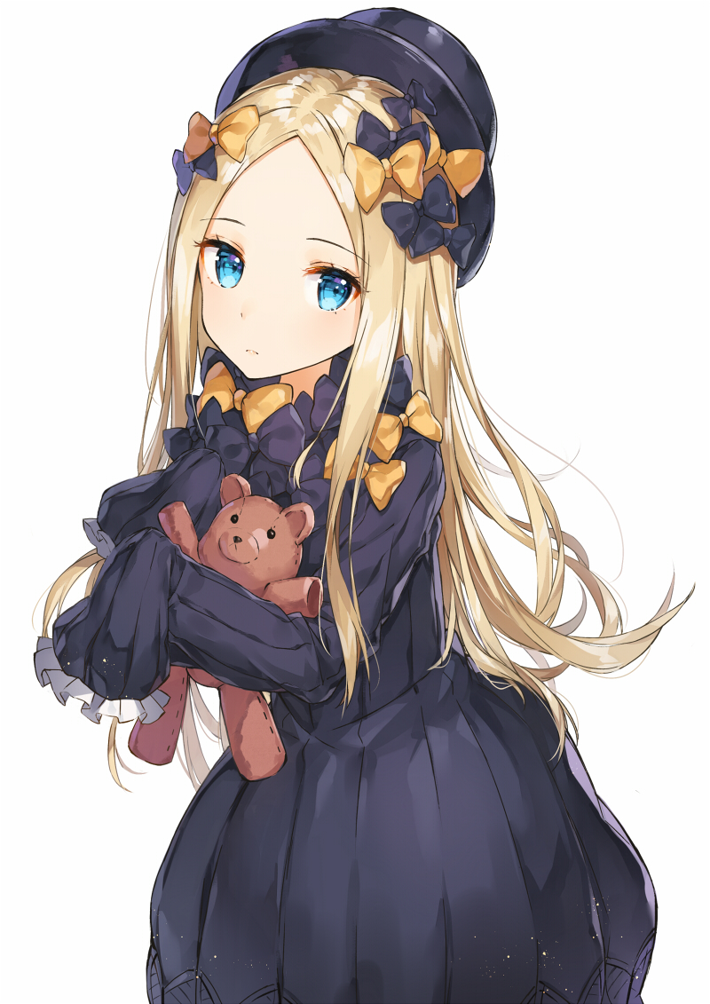 1girl abigail_williams_(fate/grand_order) bangs black_bow black_dress black_hat blonde_hair blue_eyes blush bow bug butterfly closed_mouth commentary_request dress eyebrows_visible_through_hair fate/grand_order fate_(series) forehead hair_bow hat insect long_hair long_sleeves looking_at_viewer object_hug orange_bow parted_bangs polka_dot polka_dot_bow revision rikoma simple_background sleeves_past_fingers sleeves_past_wrists solo stuffed_animal stuffed_toy teddy_bear very_long_hair white_background