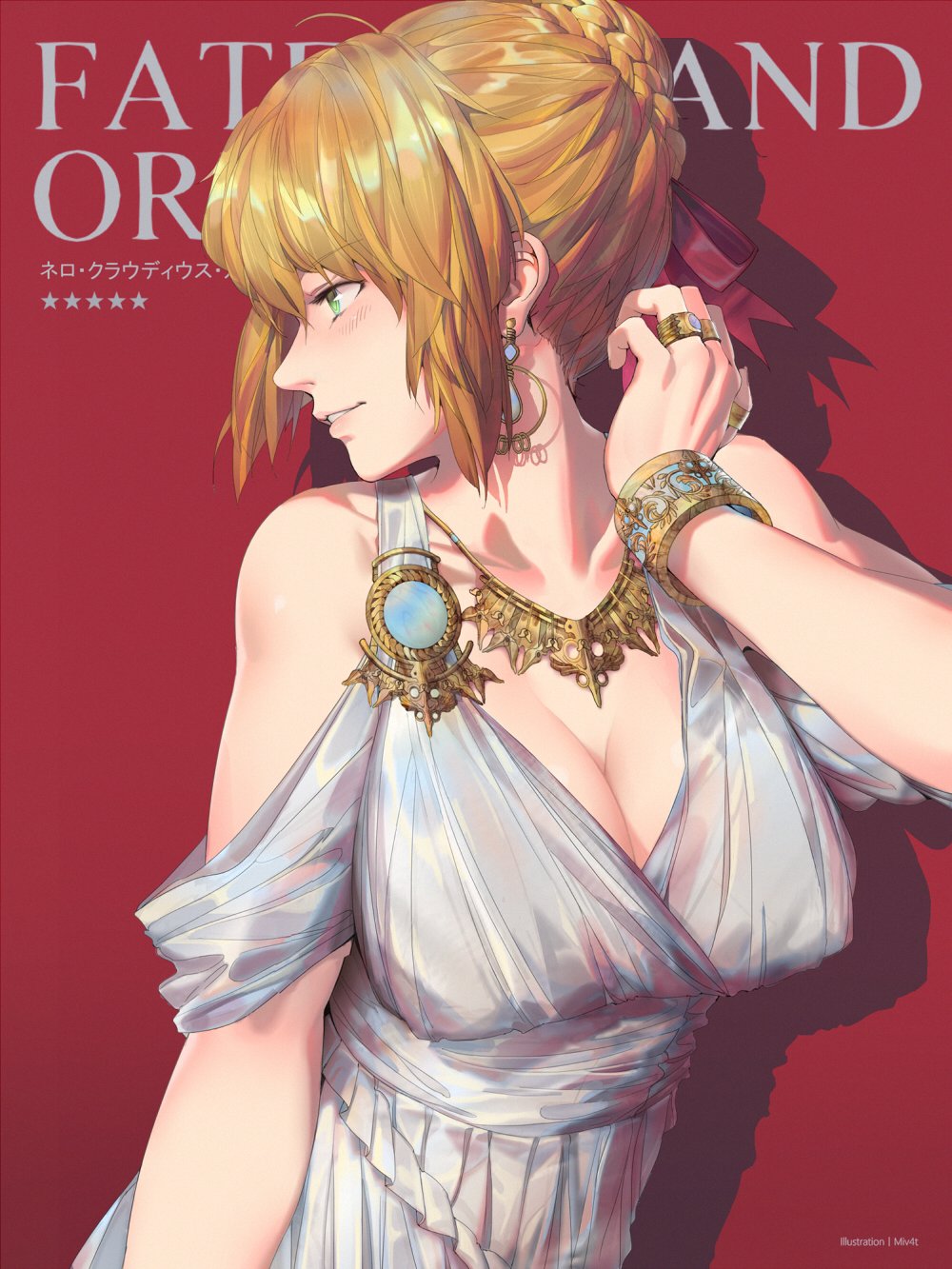 1girl ahoge alternate_costume artist_name bangle bangs bare_shoulders blonde_hair blush bracelet braid breasts character_name cleavage collarbone crown_braid dress earrings eyebrows_visible_through_hair fate/grand_order fate_(series) green_eyes hair_ribbon hair_up highres jewelry large_breasts long_hair looking_back mivit multiple_rings necklace nero_claudius_(fate)_(all) parted_lips red_background ribbon ring sidelocks simple_background smile solo white_dress