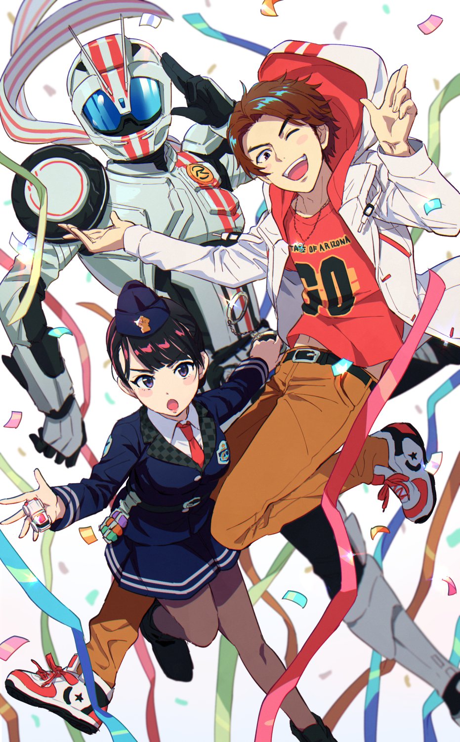 1girl 2boys black_hair brown_hair confetti cuffs dual_persona handcuffs highres hood hoodie kamen_rider kamen_rider_drive_(series) kamen_rider_mach multiple_boys necktie one_eye_closed police police_uniform policewoman scarf shijima_gou shijima_kiriko shinonoko_(tubamecider) shoes siblings sneakers streamers uniform