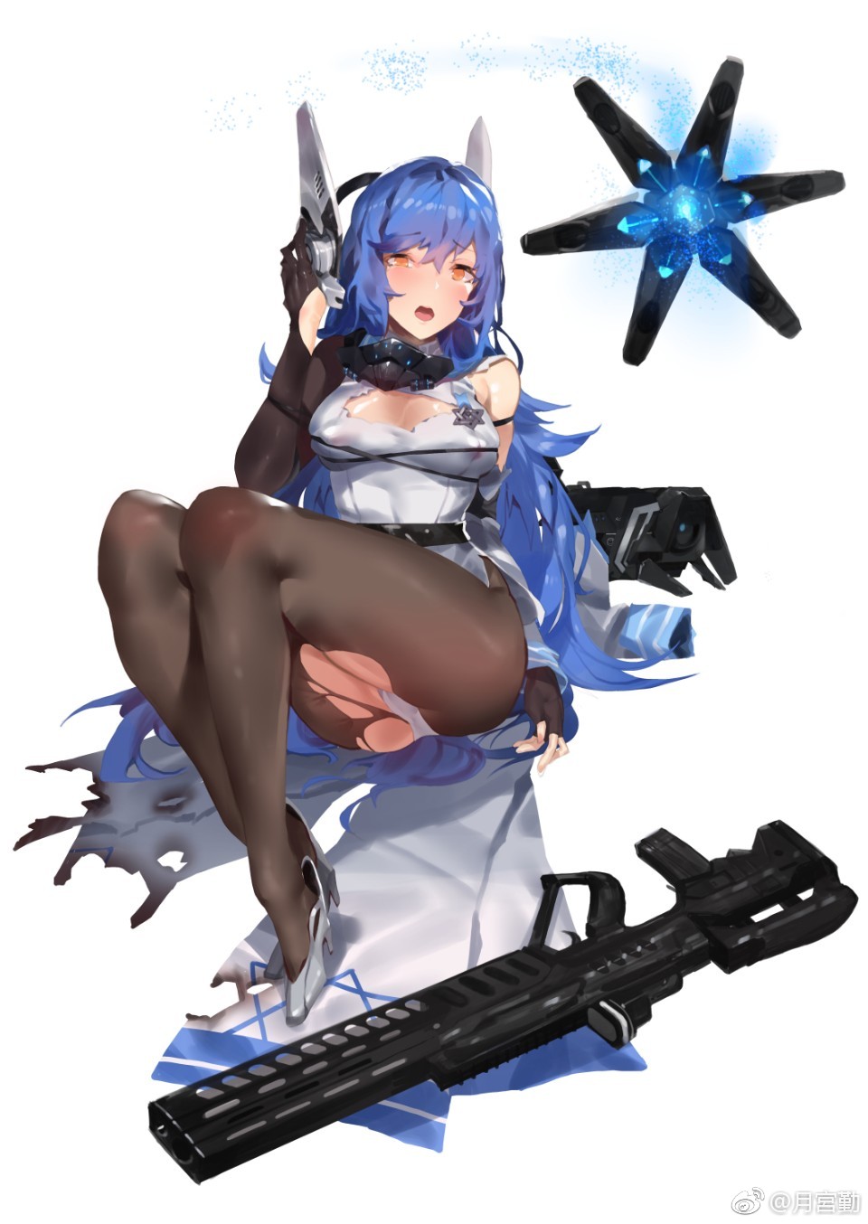 1girl assault_rifle bangs bare_shoulders black_legwear blue_hair blush bound bow breasts bullpup cleavage cloak covered_nipples damaged detached_sleeve dinergate_(girls_frontline) eyebrows_visible_through_hair fingerless_gloves floating_headgear frown full_body girls_frontline gloves gun hair_between_eyes hand_on_headwear hand_on_own_head hand_up headgear high_heels highres imi_tavor_tar-21 large_breasts leotard light_particles long_hair looking_at_viewer mod3_(girls_frontline) open_mouth pantyhose rifle sidelocks sitting solo tar-21_(girls_frontline) thigh_strap torn_cloak torn_clothes trigger_discipline very_long_hair weapon weibo_username white_footwear white_leotard yellow_eyes yueqin_(monnpiano)