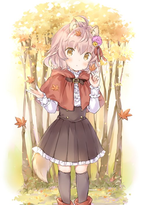 1girl animal_ears autumn autumn_leaves black_legwear boots capelet commentary flower forest hair_flower hair_ornament nature original parted_lips pleated_skirt red_footwear shirt short_hair skirt tail tree wataame27 wolf_ears wolf_tail yellow_eyes younger