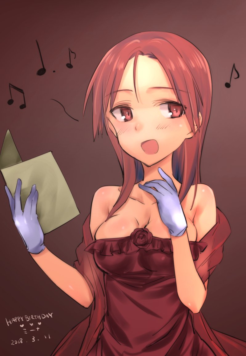 1girl :d aohashi_ame beamed_eighth_notes breasts character_name cleavage commentary dated dotted_quarter_note dress eighth_note eyebrows_visible_through_hair flower formal gloves happy_birthday heart long_hair looking_at_viewer medium_breasts minna-dietlinde_wilcke music musical_note open_mouth red_dress rose shawl singing smile solo standing strapless strapless_dress strike_witches white_gloves world_witches_series