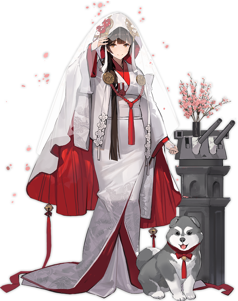 1girl azur_lane black_hair blush breasts bride brown_eyes closed_mouth dog eyebrows_visible_through_hair flower full_body hood japanese_clothes kimono kishiyo large_breasts long_hair looking_at_viewer official_art smile solo takao_(azur_lane) transparent_background uchikake vase