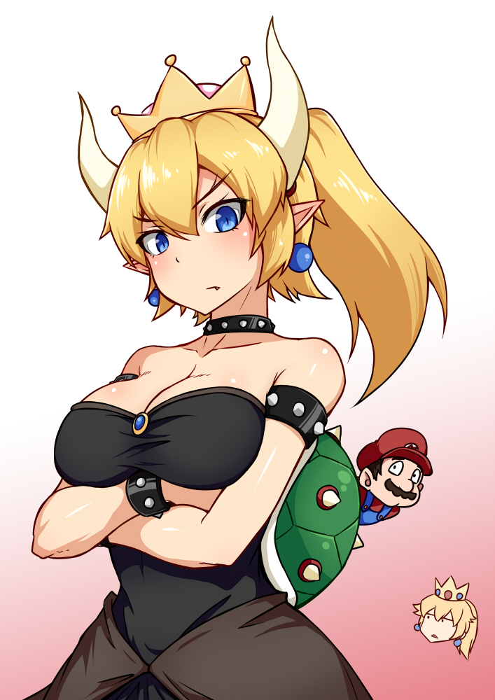 &gt;:/ 1boy 2girls armlet bare_shoulders black_dress blonde_hair blue_eyes blush bowser bracelet breasts can't_be_this_cute cleavage collar crossed_arms crown dream_demon dress earrings facial_hair fang genderswap genderswap_(mtf) gradient gradient_background hat horns jewelry long_hair looking_at_viewer mario super_mario_bros. multiple_girls mustache nintendo ore_no_imouto_ga_konna_ni_kawaii_wake_ga_nai parody pink_background pointy_ears ponytail princess_peach solo_focus spiked_collar spikes triangle_mouth upper_body white_background