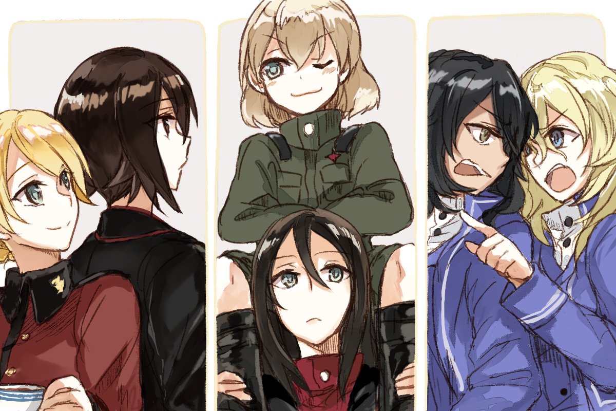 andou_(girls_und_panzer) angry bangs bc_freedom_military_uniform black_footwear black_hair black_jacket blonde_hair blue_eyes blue_jacket blue_vest boots brown_eyes brown_hair carrying closed_mouth commentary crossed_arms cup darjeeling dark_skin dress_shirt emblem epaulettes eyebrows_visible_through_hair frown girls_und_panzer green_jumpsuit high_collar holding holding_cup jacket katyusha kuromorimine_military_uniform long_hair long_sleeves looking_at_another looking_back medium_hair messy_hair military military_uniform nishizumi_maho nonna open_mouth oshida_(girls_und_panzer) outside_border pointing red_jacket red_shirt shirt short_hair short_jumpsuit shoulder_carry shouting smile st._gloriana's_military_uniform standing swept_bangs teacup tied_hair turtleneck uniform v-shaped_eyebrows vest white_shirt yuuyu_(777)