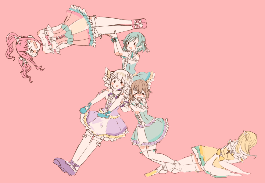 &gt;_&lt; ._. 5girls aqua_dress aqua_eyes aqua_ribbon bang_dream! bangs blonde_hair blush bow bowtie braid brown_hair carrying choker detached_sleeves dress frills hair_ribbon hikawa_hina itomugi-kun leaning letter_pose long_hair lying maruyama_aya multiple_girls on_side pastel_palettes pink_background pink_choker pink_dress pink_footwear pink_hair pink_neckwear purple_choker purple_dress purple_footwear ribbon shirasagi_chisato short_hair shoulder_carry standing thigh-highs twin_braids twintails v-shaped_eyebrows wakamiya_eve wavy_mouth white_footwear white_hair white_legwear white_ribbon wrist_ribbon yamato_maya yellow_dress