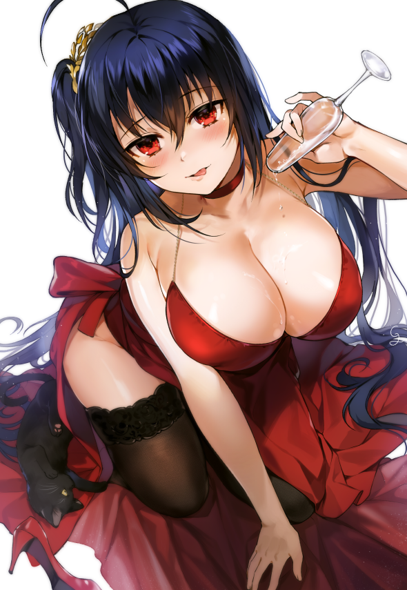 1girl :p ahoge all_fours arm_up azur_lane black_cat black_hair black_legwear blush breasts cat champagne_flute choker cleavage cup dress drinking_glass eyebrows_visible_through_hair gijang hair_between_eyes halterneck high_heels huge_breasts lace lace-trimmed_thighhighs long_hair one_side_up red_dress red_eyes shoes_removed side_slit simple_background solo taihou_(azur_lane) thigh-highs tongue tongue_out very_long_hair white_background