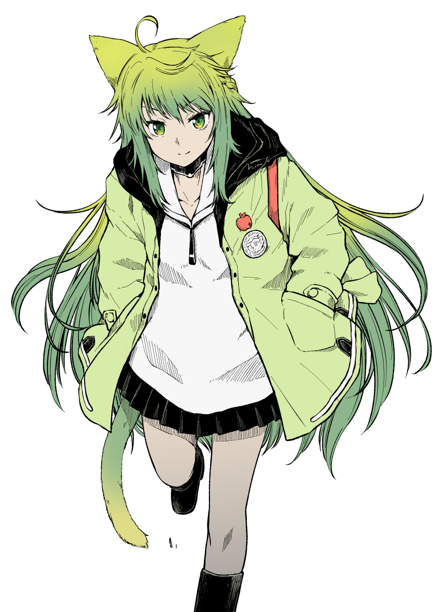 1girl ahoge animal_ears atalanta_(fate) badge bangs cat_ears cat_tail eyebrows_visible_through_hair fate/grand_order fate_(series) gradient_hair green_eyes green_hair hair_between_eyes hand_in_pocket hands_in_pocket highres hood hooded_jacket jacket long_hair looking_at_viewer multicolored_hair onaya_masakazu pleated_skirt sailor_collar school_uniform shirt skirt smile solo tail two-tone_hair uniform