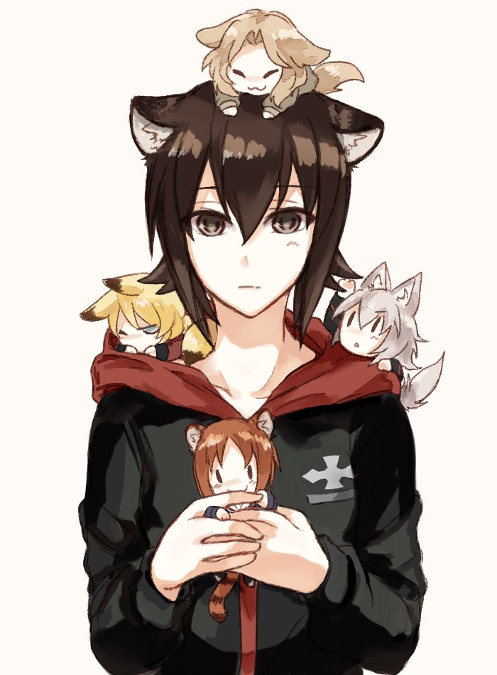 5girls :3 animal_ears black_shirt blonde_hair closed_mouth darjeeling dog_ears dog_tail emblem fox_ears fox_tail girls_und_panzer hair_intakes hood hoodie itsumi_erika kay_(girls_und_panzer) kemonomimi_mode kuromorimine_military_uniform light_frown long_hair long_sleeves lying military military_uniform minigirl multiple_girls nibbling nishizumi_maho nishizumi_miho on_stomach ooarai_military_uniform saunders_military_uniform shirt silver_hair simple_background sleeping smile st._gloriana's_military_uniform striped_tail tail tied_hair tiger_ears tiger_tail uniform white_background wolf_ears wolf_tail yuuyu_(777) |_|