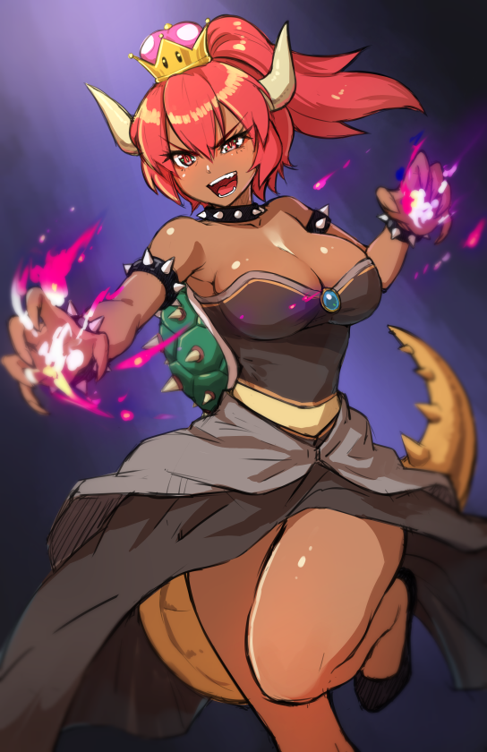 1girl :d bare_shoulders borrowed_design bowser bracelet breasts brooch burning_hand claws collar commentary crown dark_skin energy english_commentary eyebrows_visible_through_hair eyes_visible_through_hair fangs genderswap genderswap_(mtf) hair_between_eyes horns jewelry large_breasts long_hair super_mario_bros. maritan_(pixelmaritan) monster_girl new_super_mario_bros._u_deluxe nintendo open_mouth ponytail red_eyes redhead running smile solo spiked_armlet spiked_bracelet spiked_collar spiked_shell spiked_tail spikes super_crown tail teeth turtle_shell v-shaped_eyebrows