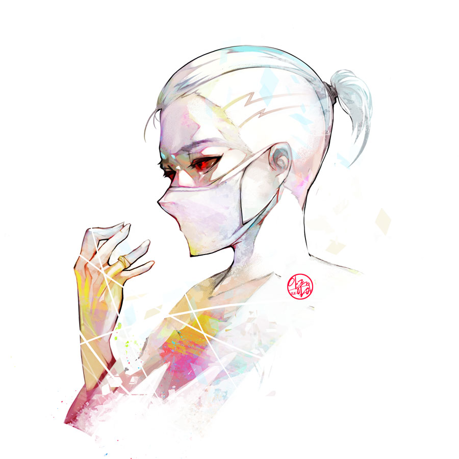 1boy collarbone colorful dspell hand_up jewelry looking_to_the_side mask ponytail profile red_eyes red_sclera ring self-portrait shaved_head signature simple_background solo surgical_mask tied_hair white_background white_hair white_mask