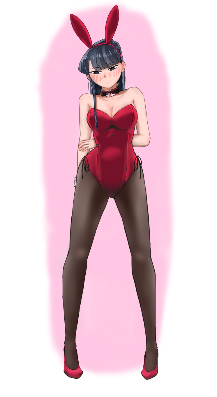 1girl animal_ears arm_behind_back bare_shoulders black_hair blush bow bowtie breasts bunny_girl bunnysuit cleavage detached_collar full_body highres komi-san_wa_komyushou_desu komi_shouko leotard looking_down maruheta pantyhose rabbit_ears solo standing strapless strapless_leotard thigh_gap