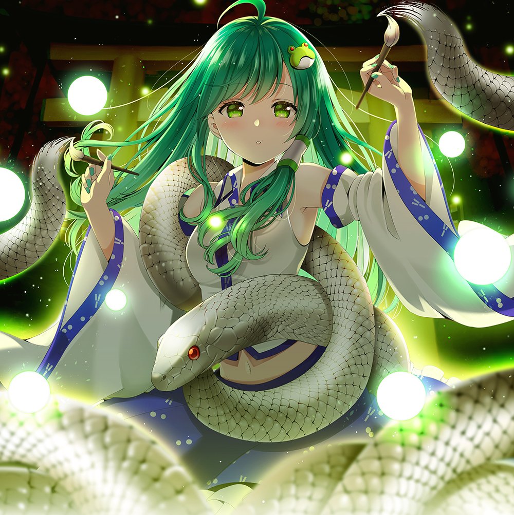 1girl ahoge animal armpit bare_shoulders blue_skirt blush breast breasts brush coil detached_sleeves frills frog green_eyes green_hair green_lights green_nail_color hair_tube kochiya_sanae long_hair midriff navel open_mouth orb polka_dots red_eyes scales skirt snake teeth torii yuuka_nonoko