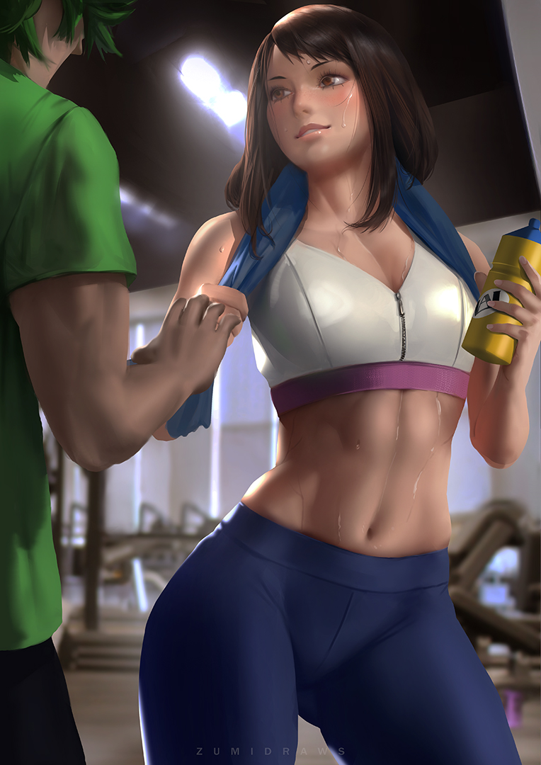 1boy 1girl abs bangs banned_artist bare_shoulders black_pants blue_towel blurry blurry_background blush boku_no_hero_academia bottle breasts brown_eyes brown_hair cleavage collarbone commentary crop_top dark_skin dark_skinned_male english_commentary green_hair green_shirt gym indoors looking_at_another medium_breasts midoriya_izuku midriff navel pants parted_lips shirt short_hair smile spiky_hair sports_bra standing sweat sweatdrop swept_bangs t-shirt thighs toned towel towel_around_neck uraraka_ochako water_bottle yoga_pants zumi_(zumidraws)