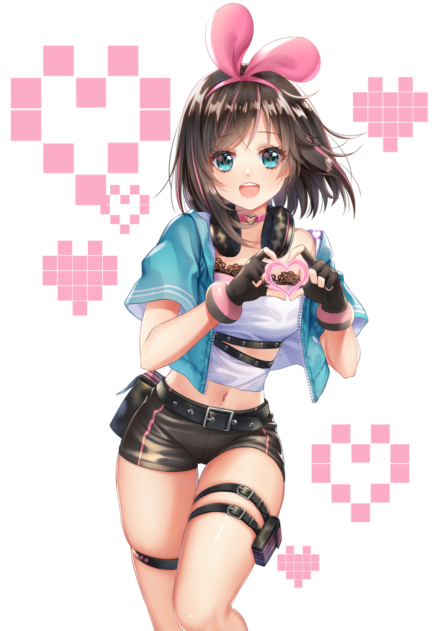 1girl a.i._channel belt_buckle black_belt black_gloves black_shorts blue_jacket brown_hair buckle collarbone commentary_request fingerless_gloves gloves hair_ribbon hairband haneru headphones heart highres jacket kizuna_ai midriff multicolored_hair navel open_clothes open_jacket pink_hair pink_hairband pink_ribbon ribbon shirt short_shorts short_sleeves shorts skindentation solo streaked_hair thigh_strap virtual_youtuber white_shirt