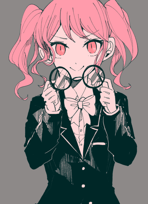 &gt;:) 1girl bang_dream! bangs bow bowtie formal glasses grey_background hands_up holding holding_eyewear itomugi-kun long_sleeves looking_at_viewer maruyama_aya muted_color pink_eyes pink_hair round_eyewear sidelocks simple_background slit_pupils solo spot_color suit twintails upper_body v-shaped_eyebrows