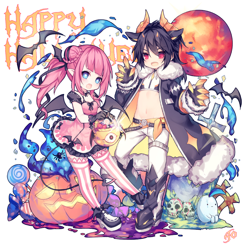 1boy 1girl bat candy chilling_hedgehog_(elsword) claws cloak dress elsword elsword_(character) eyebrows_visible_through_hair fluffy_collar food halloween halloween_costume horns jack-o'-lantern lollipop luciela_r._sourcream moon pointy_ears red_moon skull tombstone utm