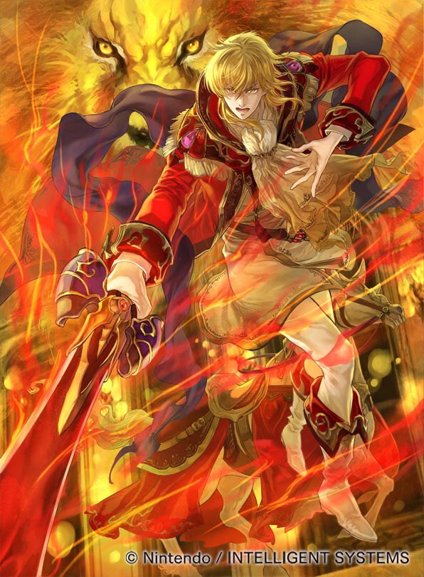 1boy belt black_cape blonde_hair boots cape castle coat collar eltoshan_(fire_emblem) fire fire_emblem fire_emblem:_seisen_no_keifu fire_emblem_cipher gem gloves holding holding_sword holding_weapon horse knee_boots lion lips looking_at_viewer male_focus medium_hair mystletainn nintendo official_art open_mouth pants red_coat serious sheath sidelocks solo suzuki_rika sword teeth turtleneck weapon white_footwear white_gloves white_pants yellow_eyes
