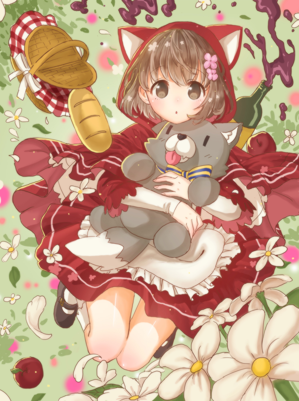 alcohol animal_hood apple apron basket bottle bread brown_eyes brown_hair cloak flower food fruit hair_flower hair_ornament highres hood hooded_cloak little_red_riding_hood little_red_riding_hood_(grimm) monotsuki parted_lips short_hair wine wine_bottle wolf