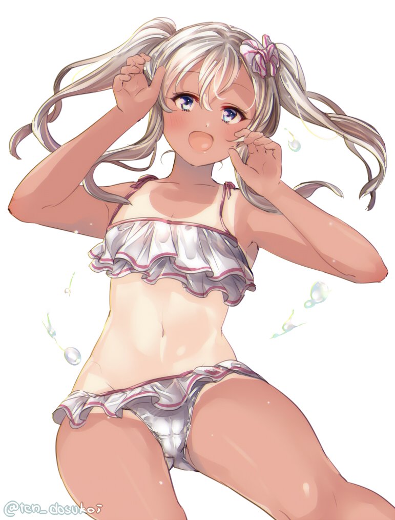 1girl alternate_hairstyle ass_visible_through_thighs bikini blonde_hair blue_eyes commentary_request cosplay cowboy_shot curled_fingers frilled_bikini frills juurouta kantai_collection libeccio_(kantai_collection) libeccio_(kantai_collection)_(cosplay) long_hair looking_at_viewer one-piece_tan open_mouth ro-500_(kantai_collection) simple_background solo swimsuit tan tanline twintails white_background