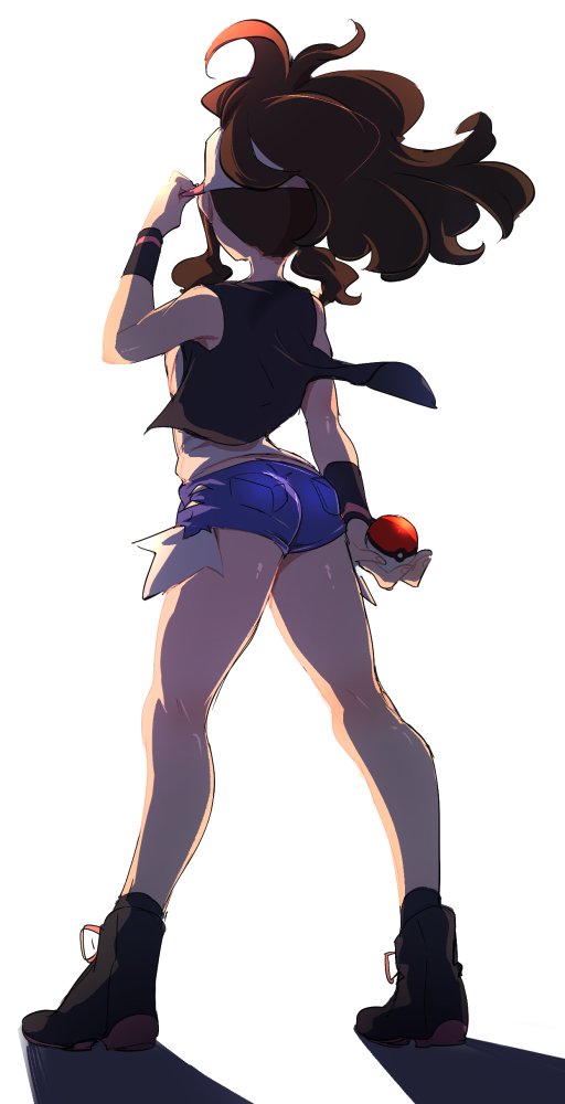 1girl ass back baseball_cap black_vest black_wristband brown_hair chorimokki creatures_(company) cutoffs denim denim_shorts full_body game_freak hat long_hair nintendo poke_ball pokemon pokemon_(game) pokemon_bw ponytail shadow shorts simple_background solo standing touko_(pokemon) vest white_background