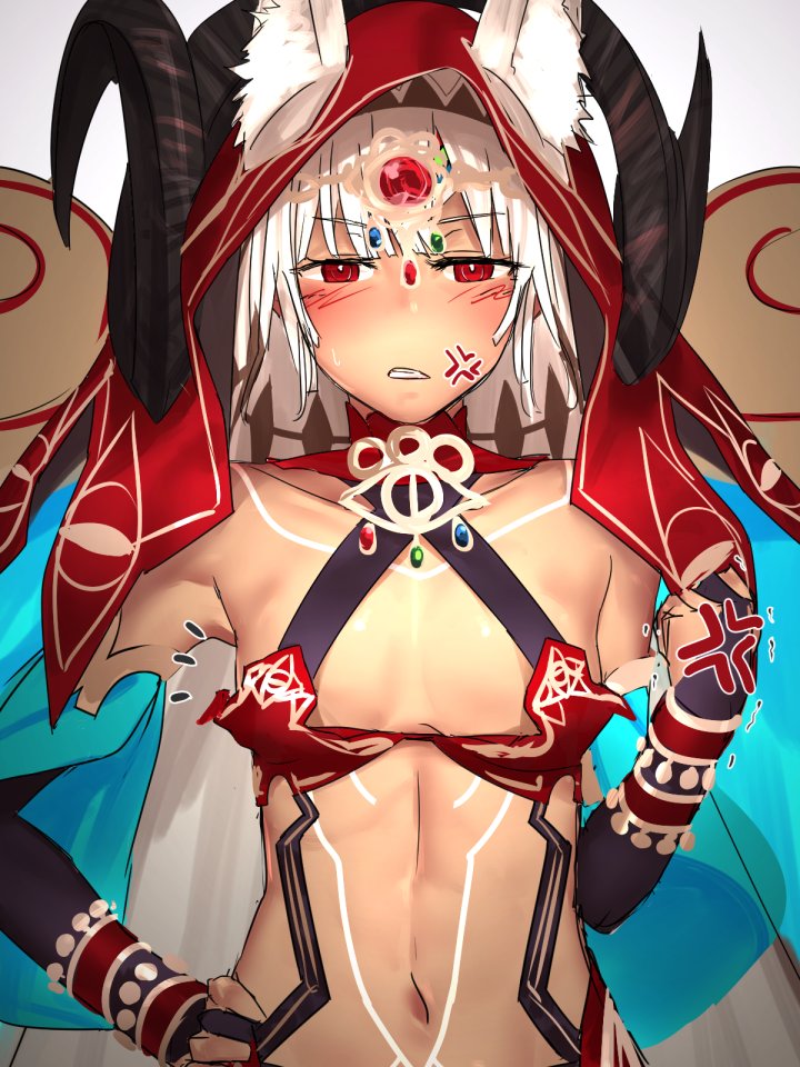 1girl altera_(fate) angry bangs blush breasts choker cleavage collarbone cosplay dark_skin eyebrows_visible_through_hair fate/grand_order fate_(series) full_body_tattoo hand_on_hip headdress hood horns i-pan jewelry looking_at_viewer midriff navel open_mouth queen_of_sheba_(fate/grand_order) queen_of_sheba_(fate/grand_order)_(cosplay) red_eyes revealing_clothes shiny shiny_skin short_hair small_breasts solo stomach_tattoo sweatdrop tagme tan tattoo teeth upper_body veil white_hair