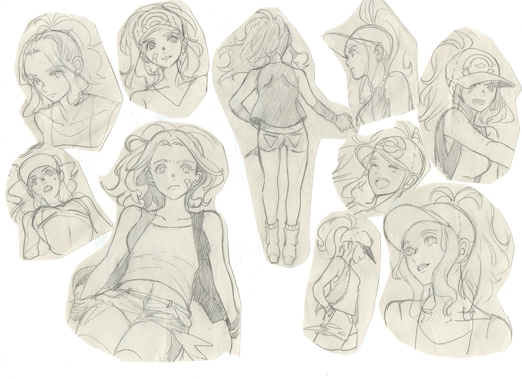 1girl ass bandage_on_face baseball_cap breasts canari closed_mouth commentary_request creatures_(company) denim denim_shorts game_freak hat jacket long_hair looking_at_viewer nintendo poke_ball_symbol pokemon pokemon_(game) pokemon_bw ponytail shorts sketch small_breasts smile solo touko_(pokemon)