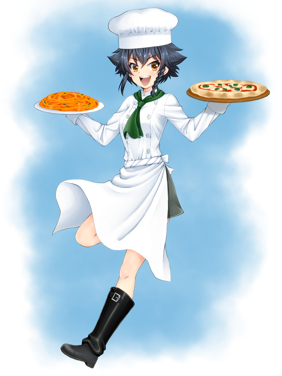 1girl anzio_military_uniform apron bangs black_footwear black_hair boots braid brown_eyes chef_hat chef_uniform commentary_request eyebrows_visible_through_hair food girls_und_panzer green_neckwear grey_skirt hair_tie hat highres holding holding_plate holding_tray jacket knee_boots leg_up long_sleeves looking_at_viewer neckerchief open_mouth partial_commentary pasta pepperoni_(girls_und_panzer) pizza plate ruka_(piyopiyopu) short_hair side_braid skirt smile solo standing standing_on_one_leg tray waist_apron white_apron white_jacket