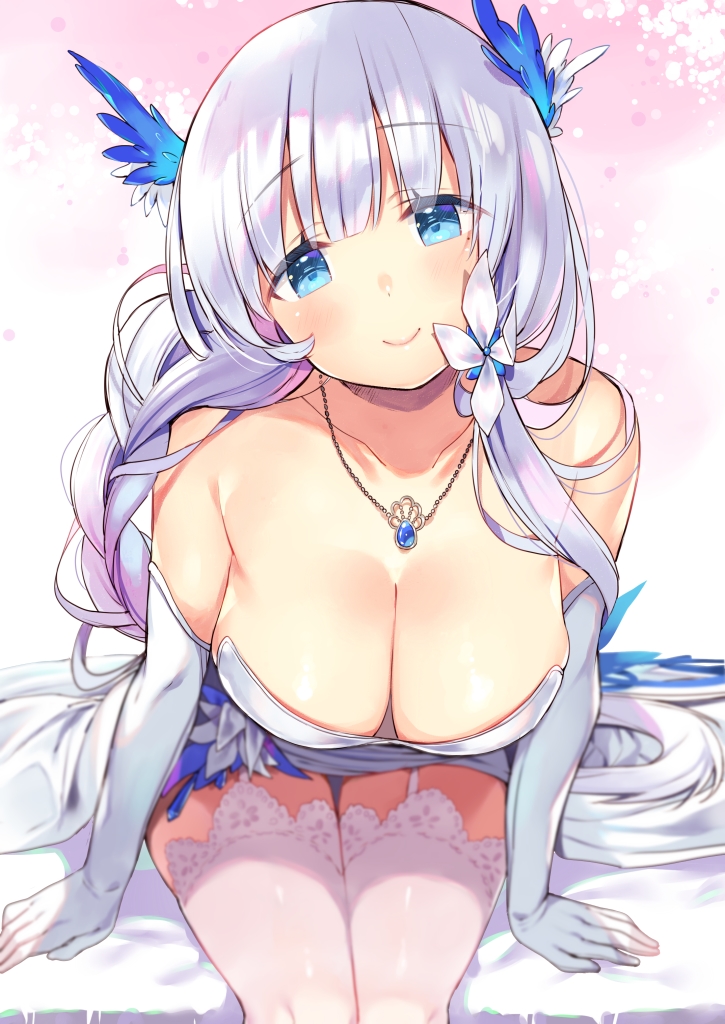 1girl arms_at_sides azur_lane bare_shoulders bed_sheet blue_eyes blush breasts cleavage closed_mouth collarbone commentary_request dress elbow_gloves feathers garter_straps gloves grey_hair hair_feathers head_tilt illustrious_(azur_lane) jewelry kibii_mocha large_breasts leaning_forward long_hair mole mole_under_eye necklace on_bed pendant pink_lips shiny shiny_hair sitting smile solo strapless strapless_dress thigh-highs twintails two-tone_background very_long_hair white_dress white_gloves white_legwear