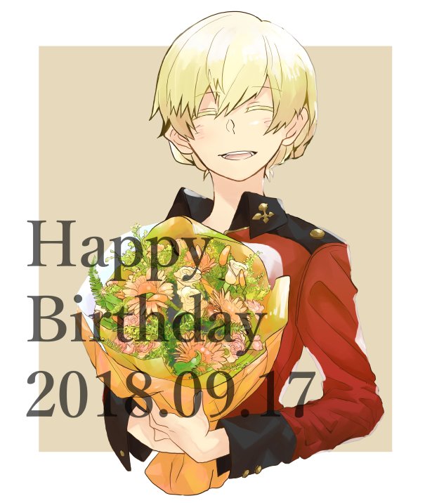 1girl 2018 asuka_(junerabitts) blush border bouquet braid brown_background closed_eyes colored_eyelashes cropped_torso darjeeling dated flower french_braid girls_und_panzer happy_birthday holding holding_bouquet short_hair smile solo st._gloriana's_military_uniform white_border