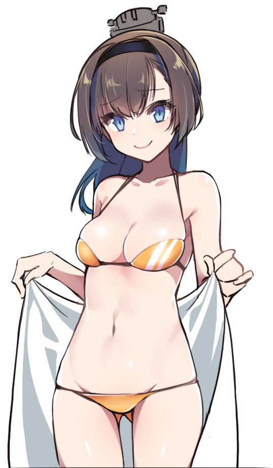 1girl akizuki_(kantai_collection) bikini black_hair black_hairband blue_eyes character_request cowboy_shot hairband kantai_collection konnyaku_(kk-monmon) long_hair smile solo swimsuit towel yellow_bikini