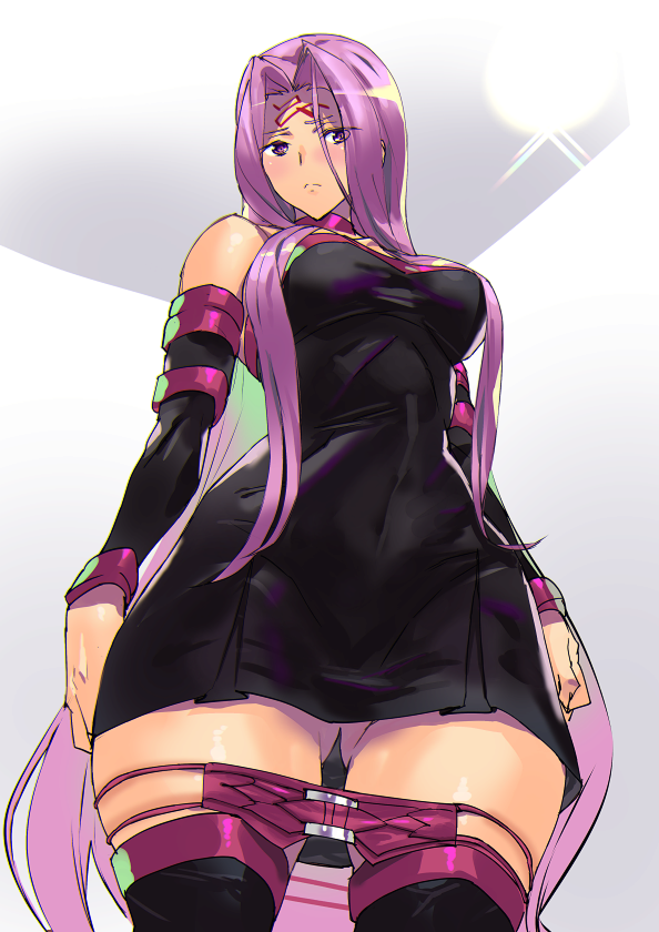 1girl ashiomi_masato ass ass_visible_through_thighs bare_shoulders blindfold blindfold_removed choker covered_navel detached_sleeves dress facial_mark fate/stay_night fate_(series) forehead_mark long_hair purple_hair rider solo strapless strapless_dress thigh-highs very_long_hair violet_eyes