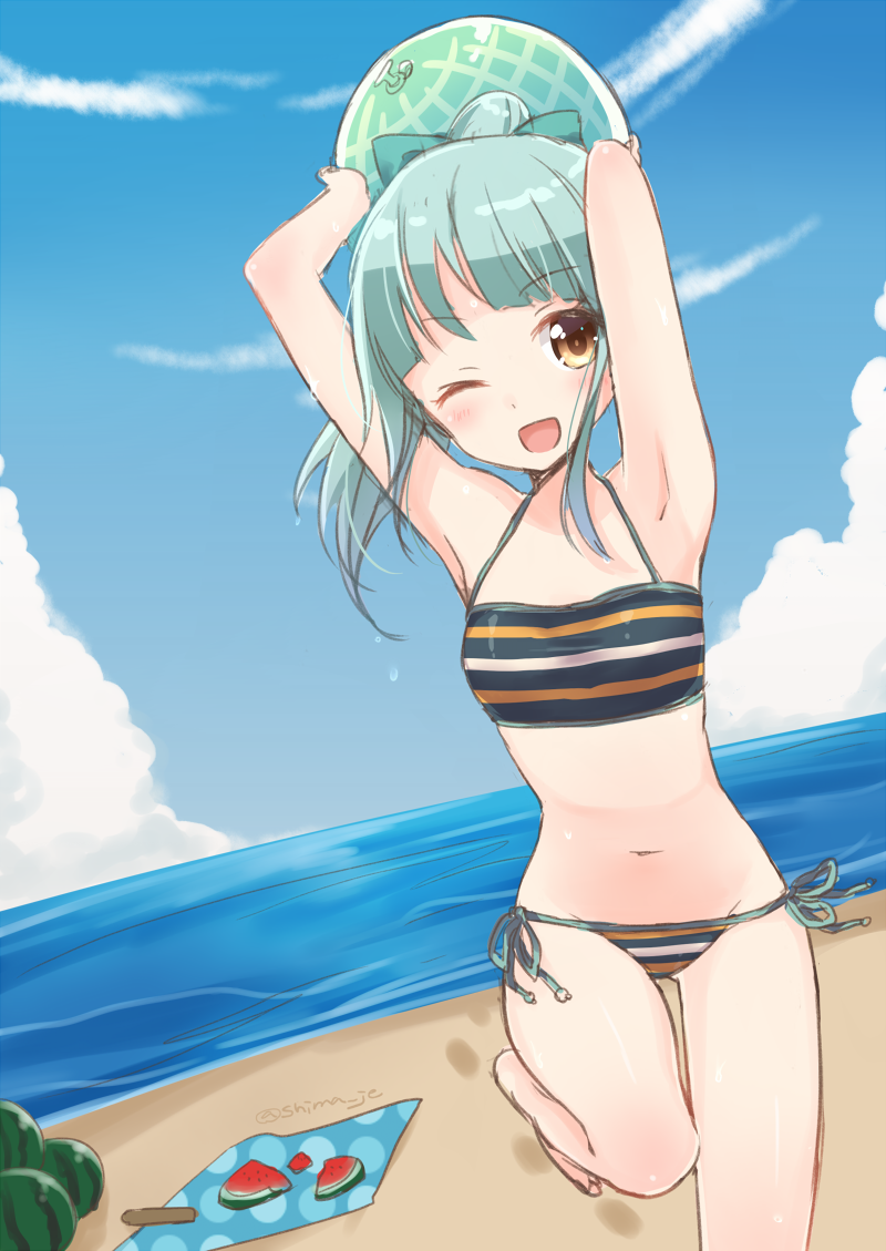 1girl ;d armpits arms_up ball bangs bare_arms bare_shoulders beach beachball bikini blue_sky blush bow breasts brown_eyes clouds day eyebrows_visible_through_hair food fruit green_bow green_hair groin hair_bow halter_top halterneck high_ponytail holding holding_ball horizon kantai_collection long_hair masuishi_kinoto navel object_namesake ocean one_eye_closed open_mouth outdoors ponytail sand side-tie_bikini sky small_breasts smile solo standing standing_on_one_leg striped striped_bikini swimsuit twitter_username water watermelon yuubari_(kantai_collection)