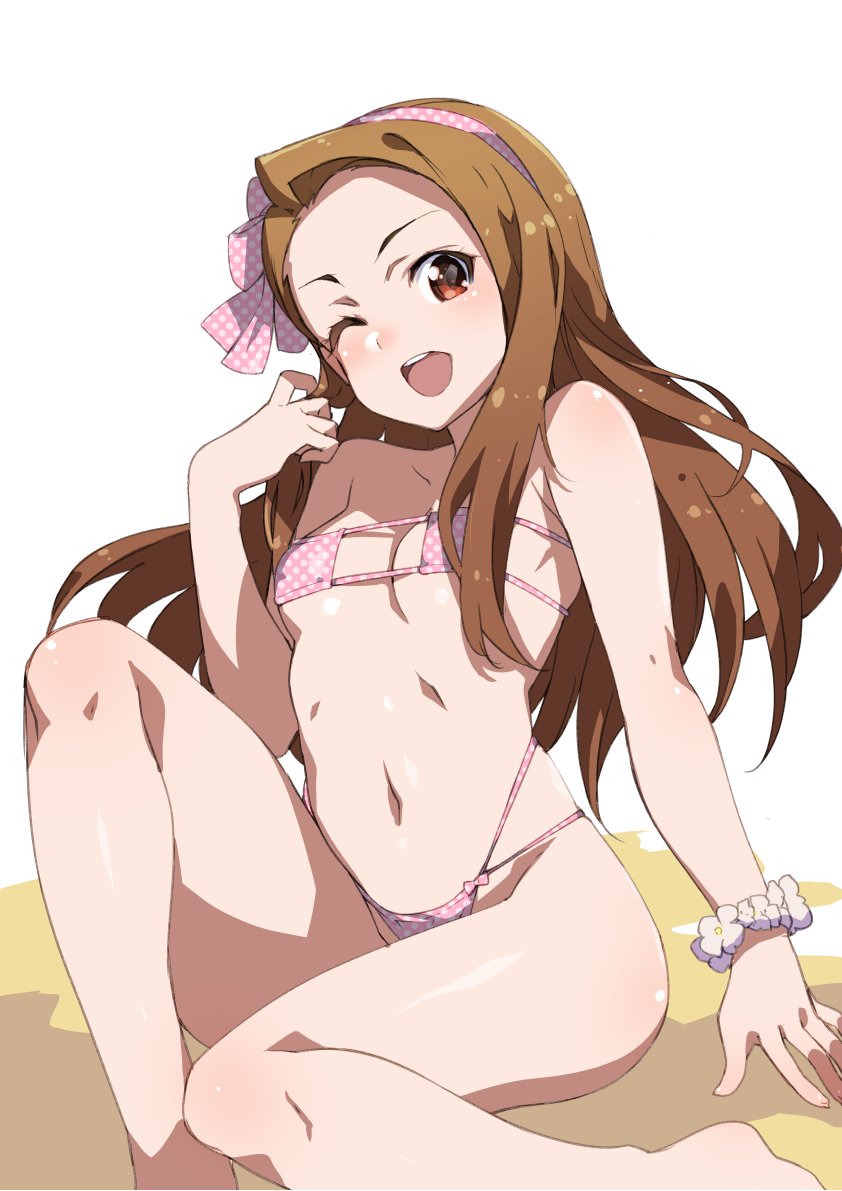 1girl ;d arm_at_side bangs bare_legs bare_shoulders barefoot bikini breasts brown_eyes brown_hair cleavage eyepatch_bikini flower_bracelet hair_ribbon hairband hand_up idolmaster idolmaster_(classic) inue_shinsuke long_hair looking_at_viewer minase_iori multi-strapped_bikini navel one_eye_closed open_mouth parted_bangs pink_bikini polka_dot polka_dot_bikini ribbon single_sidelock sitting small_breasts smile solo swimsuit