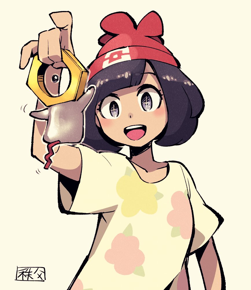 +_+ 1girl :d bangs beanie black_hair bob_cut chichibu_(chichichibu) collarbone creatures_(company) floral_print game_freak grey_eyes hat mizuki_(pokemon) motion_lines nintendo open_mouth pokemon pokemon_(creature) pokemon_(game) pokemon_sm red_hat shirt short_hair short_sleeves smile solo swept_bangs t-shirt teeth yellow_shirt