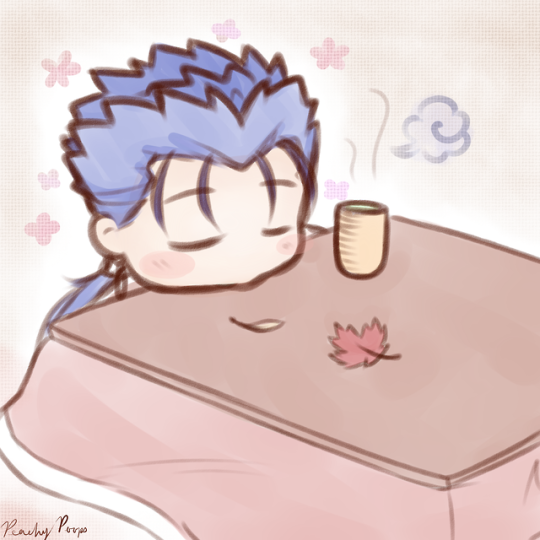 1boy blue_hair blush chibi closed_eyes cu_chulainn_(fate)_(all) emiya-san_chi_no_kyou_no_gohan fate/stay_night fate_(series) lancer leaf male_focus no_mouth peachypoops ponytail sleeping solo