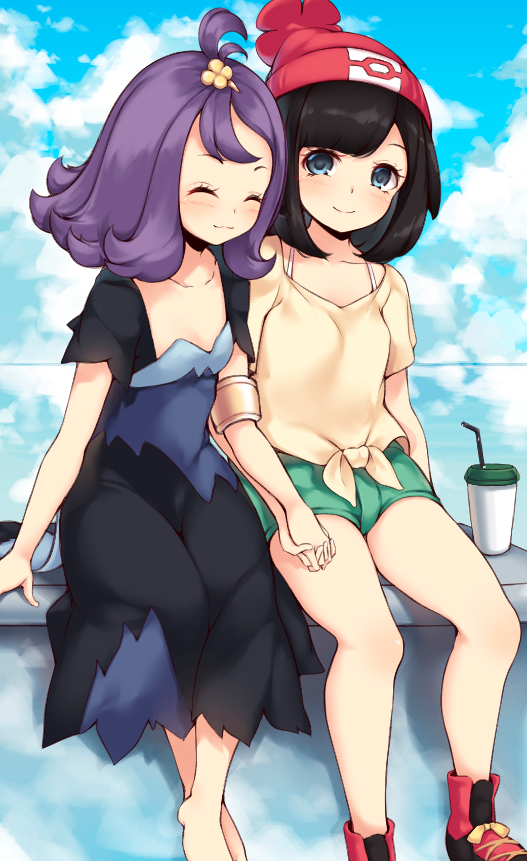 2girls :3 acerola_(pokemon) bangs barefoot beanie black_hair blue_eyes blush closed_eyes creatures_(company) crossed_ankles day dress drink flipped_hair flower game_freak green_shorts hand_holding hat highres long_hair lun_(fatalism2018) mizuki_(pokemon) multiple_girls nintendo outdoors pokemon pokemon_(game) pokemon_sm purple_hair red_flower red_hat shirt shoes short_hair short_shorts short_sleeves shorts sitting sky smile sneakers swept_bangs t-shirt tied_shirt topknot torn_clothes torn_dress yellow_shirt yuri