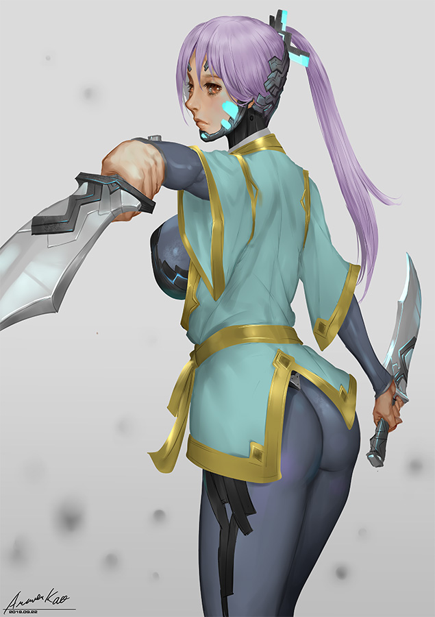 1girl ariverkao ass bodysuit breasts brown_eyes closed_mouth dated dual_wielding holding large_breasts lips long_hair looking_at_viewer original outstretched_arm ponytail profile purple_hair signature simple_background solo standing
