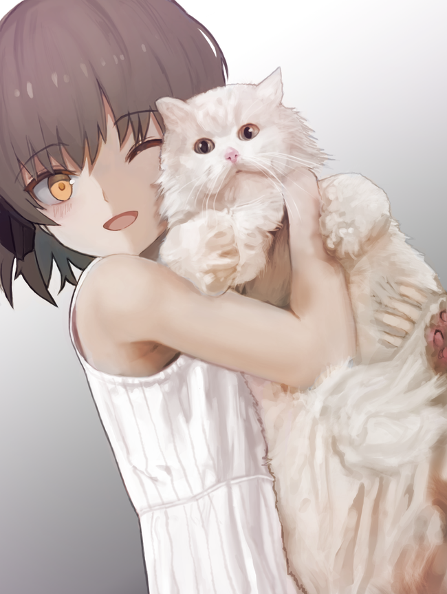 akira_(aristole) animal blush cat dress hatoba_tsugu hatoba_tsugu_(character) holding holding_animal looking_at_viewer mole mole_under_eye one_eye_closed open_mouth smile sundress virtual_youtuber white_cat white_dress yellow_eyes