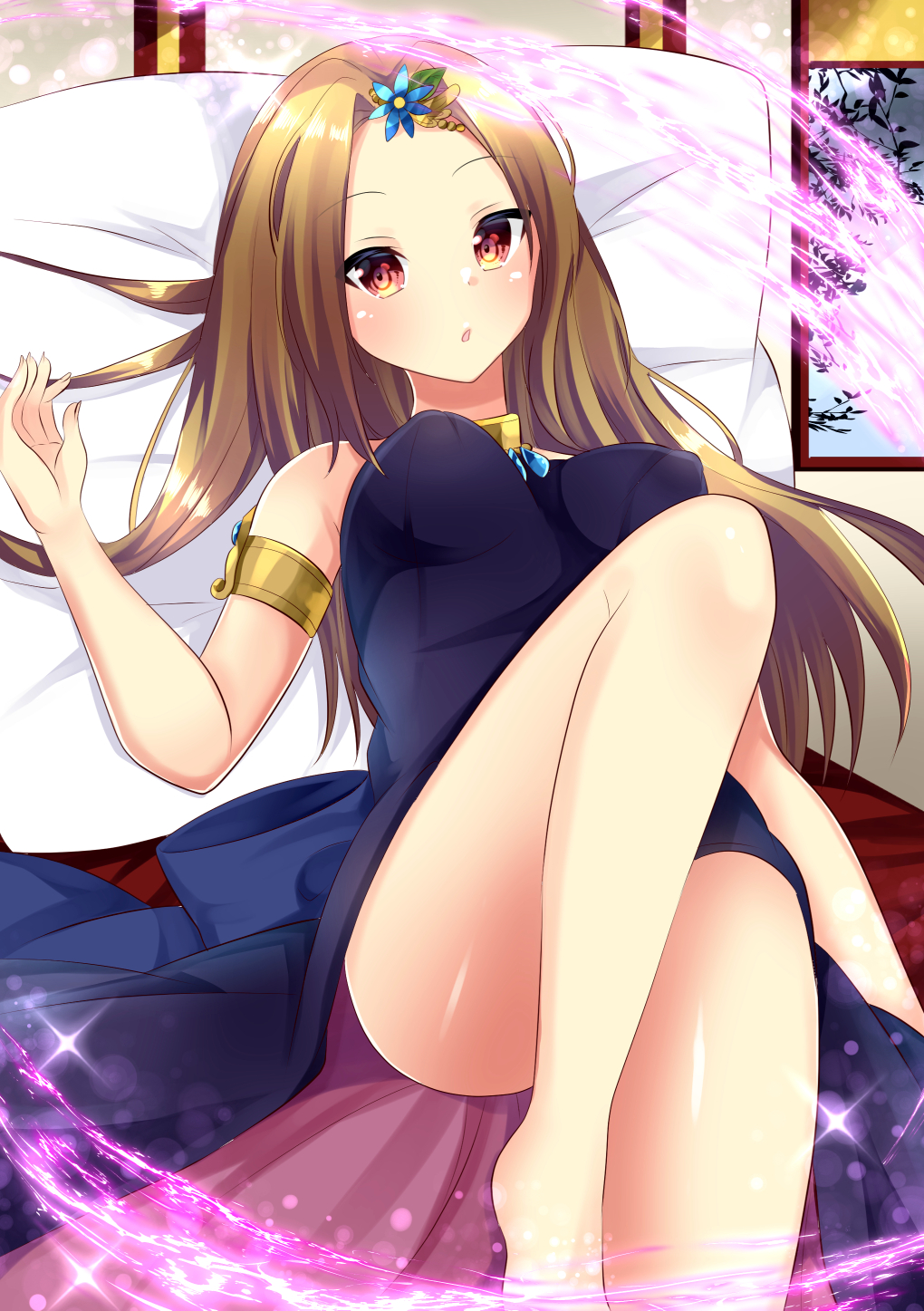 1girl bangs bare_legs bare_shoulders barefoot blue_dress blue_flower breasts brown_hair commentary_request dress eyebrows_visible_through_hair fingernails flower forehead hair_ornament hand_up highres indoors long_hair looking_at_viewer lying medium_breasts misaki_(misaki86) on_back original parted_bangs parted_lips pillow red_eyes sleeveless sleeveless_dress solo sparkle