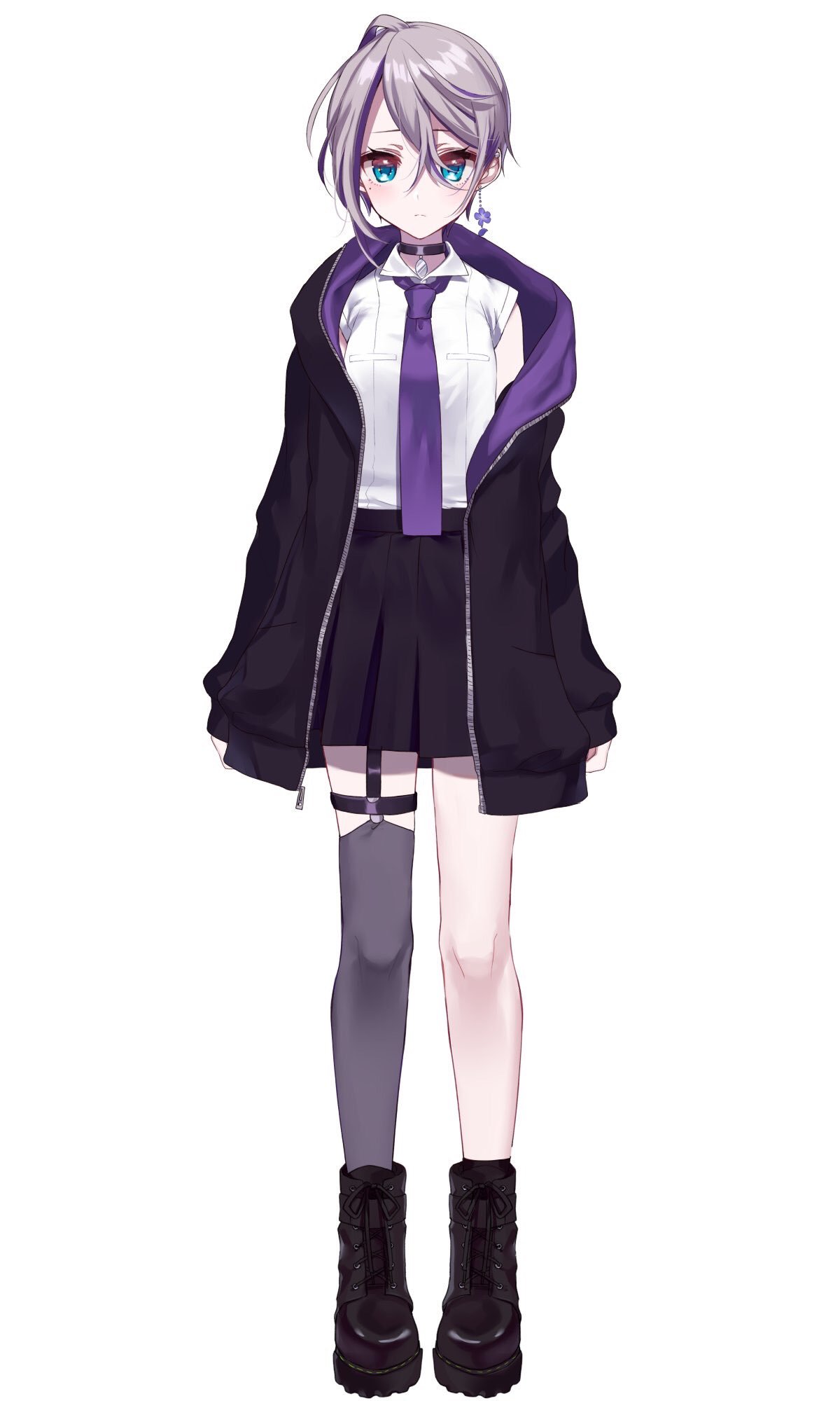 1girl black_coat black_footwear black_skirt blue_eyes blush boots choker coat full_body grey_hair highres jewelry kaga_sumire long_sleeves looking_at_viewer misumi_(macaroni) necktie pleated_skirt purple_neckwear shirt short_hair short_sleeves simple_background single_earring single_thighhigh skirt solo standing thigh-highs virtual_youtuber white_background white_shirt