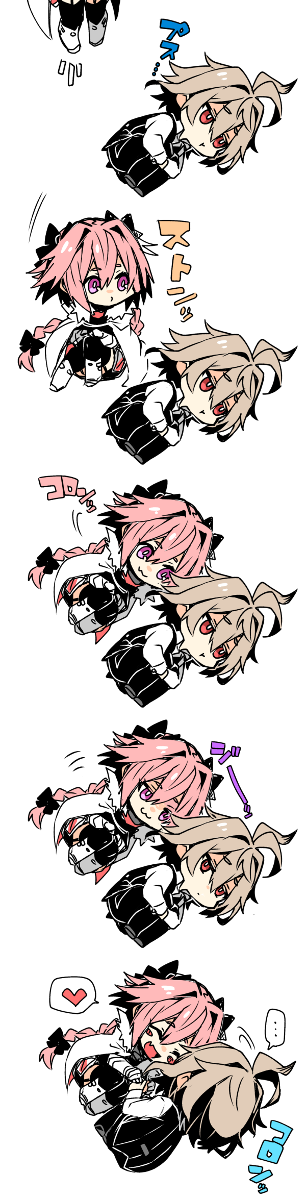 2boys ahoge astolfo_(fate) black_pants bored bow braid brown_hair cape capelet comic fang fate/apocrypha fate_(series) hair_bow hand_holding haoro highres long_braid lying multiple_boys otoko_no_ko pants pink_hair pout pouty_lips red_eyes sieg_(fate/apocrypha) single_braid smile smug violet_eyes