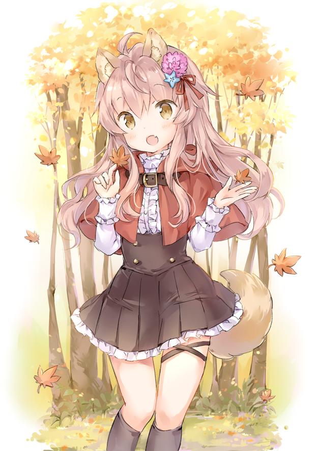 1girl :d animal_ears autumn autumn_leaves capelet fang flower forest frilled_skirt frills hair_flower hair_ornament nature open_mouth original pleated_skirt shirt skirt smile solo tail tree wataame27 wolf_ears wolf_tail yellow_eyes