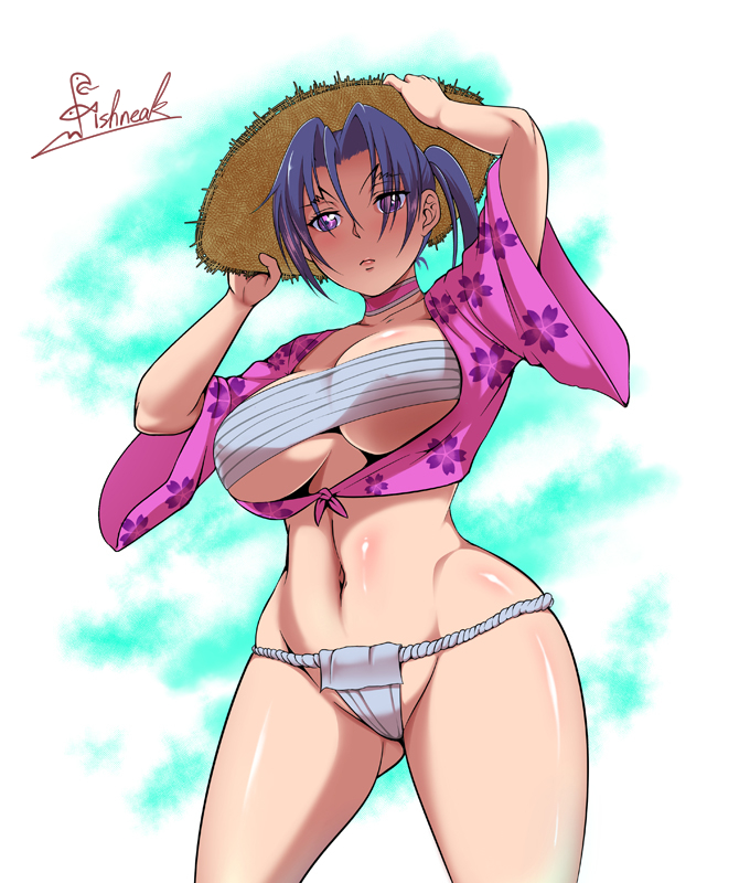 1girl arms_up artist_name ass_visible_through_thighs bandage blue_sky breasts choker cleavage closed_mouth clouds collarbone commentary_request covered_nipples cowboy_shot cropped_legs crotch eyebrows eyebrows_visible_through_hair floral_print fundoshi groin hair_between_eyes hands_on_headwear hat japanese_clothes kousaka_shigure kuro_fn large_breasts long_hair looking_at_viewer navel pink_choker ponytail print_shirt purple_hair sarashi shijou_saikyou_no_deshi_ken'ichi shirt signature sky solo standing straw_hat sun sunlight sweat sweatdrop tied_shirt tree under_boob underwear violet_eyes white_background