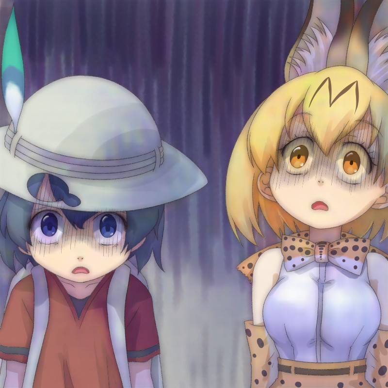 2girls animal_ears backpack bag bare_shoulders black_hair blonde_hair blue_eyes bucket_hat commentary_request elbow_gloves gloves hat hat_feather kaban_(kemono_friends) kemono_friends multiple_girls neck_ribbon ribbon serval_(kemono_friends) serval_ears serval_print shaded_face short_hair surprised t_jiroo_(ringofriend) yellow_eyes