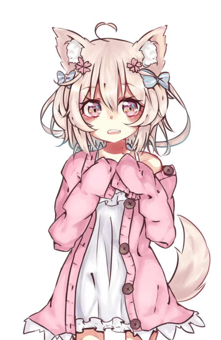 1girl :d animal_ears blonde_hair cardigan dress frilled_dress frills hair_ribbon momose_tsugumi off_shoulder open_cardigan open_clothes open_mouth original pink_eyes ribbon short_hair simple_background smile tail white_background