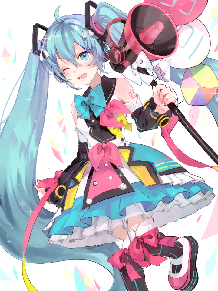 1girl ;d ahoge bangs bare_shoulders black_legwear blue_bow blue_eyes blue_hair blue_neckwear bow colorful crossed_bangs detached_sleeves dress eyebrows_visible_through_hair hair_between_eyes hair_ribbon hatsune_miku leg_up long_hair long_sleeves multicolored multicolored_clothes multicolored_dress number_tattoo one_eye_closed open_mouth pink_bow ribbon saz8720 sleeveless sleeveless_dress smile solo sparkle tattoo teeth thigh-highs twintails very_long_hair vocaloid white_background white_bow white_ribbon